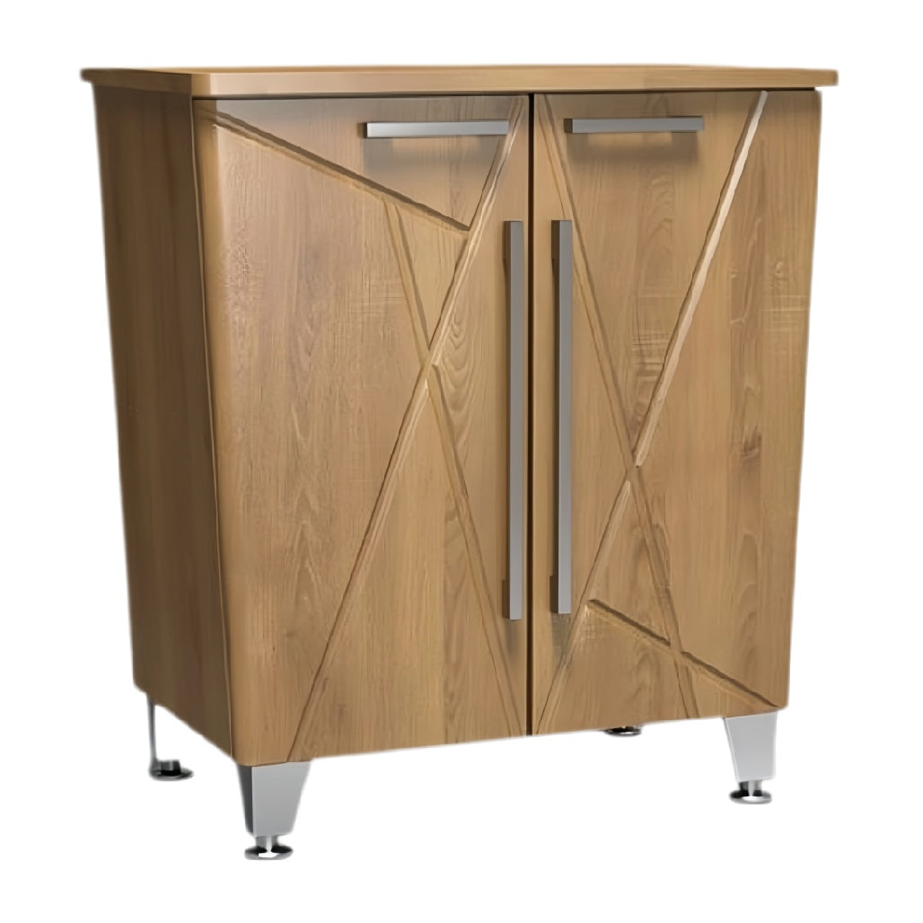 **Moderne houten kast met geometrisch ontwerp en metalen handgrepen**