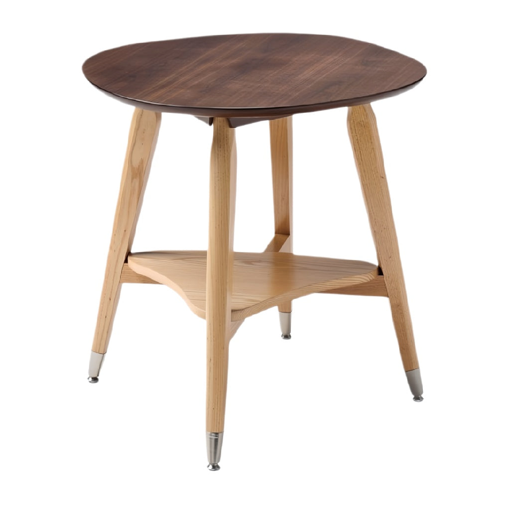 Moderne ronde tafel met houten poten en metalen details**